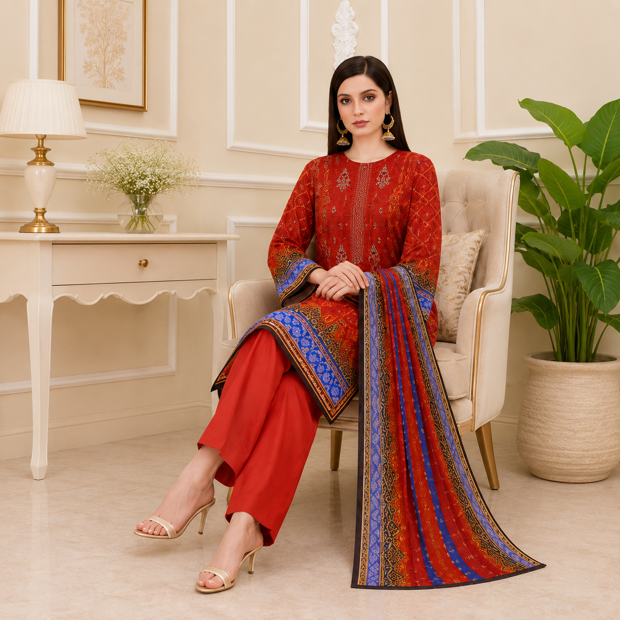 Unstiched Lawn 3pc suit with printed Chiffon Dupatta