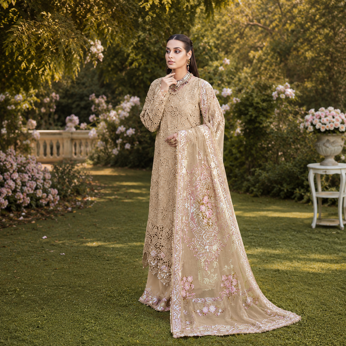 Unstiched Lawn 3pc suit with Embroided Organza Dupatta