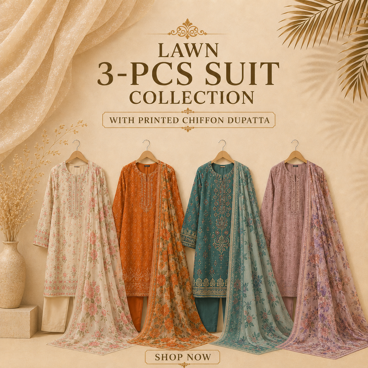 Lawn 3-Pc suit with printed chiffon dupatta
