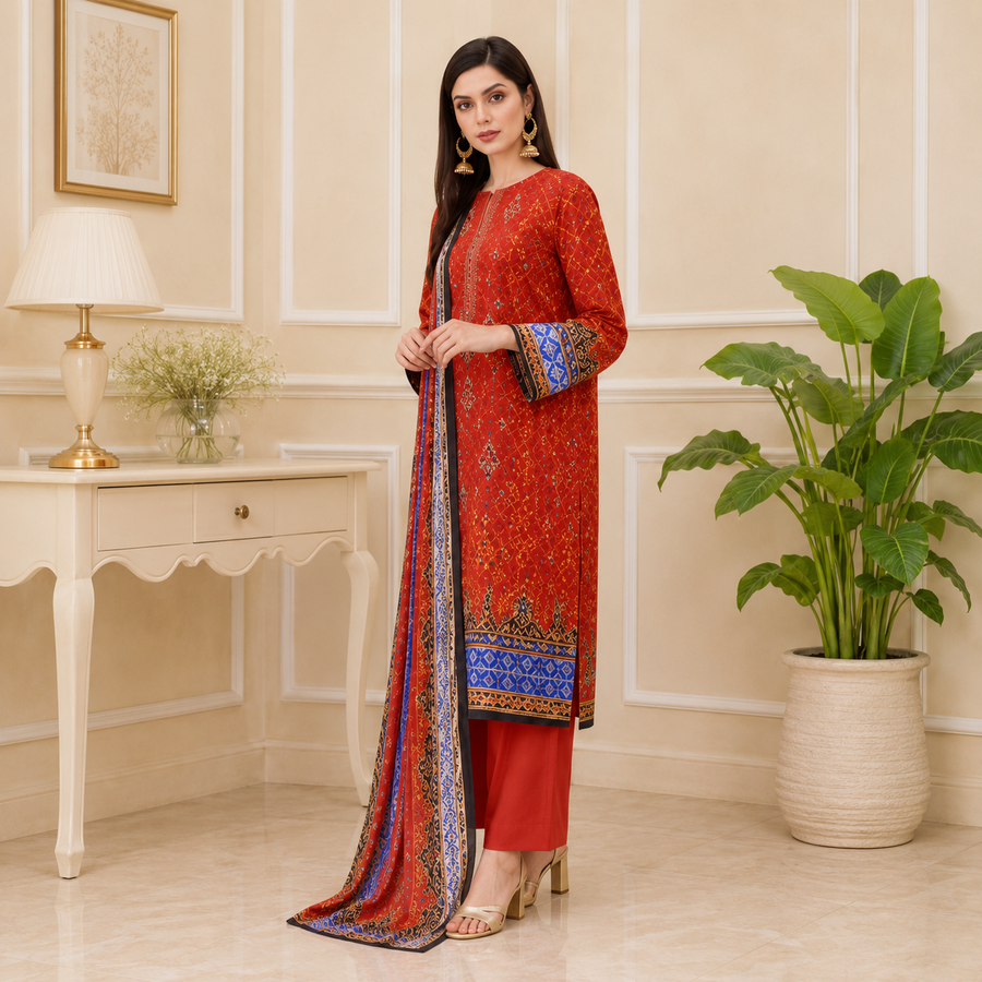 Unstiched Lawn 3pc suit with printed Chiffon Dupatta