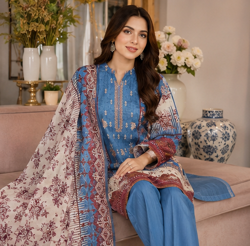 Bin Saeed Lawn 3 piece Suit with Embroided Dupatta