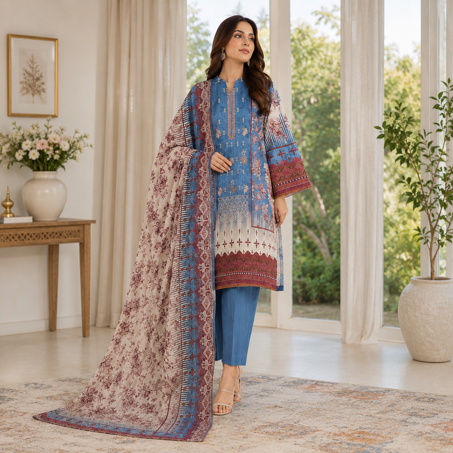 Bin Saeed Lawn 3 piece Suit with Embroided Dupatta