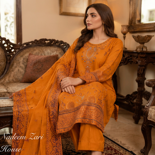 Premium Lawn 3-Piece Suit with Embroided Chiffon Dupatta