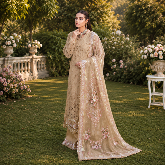 Unstiched Lawn 3pc suit with Embroided Organza Dupatta
