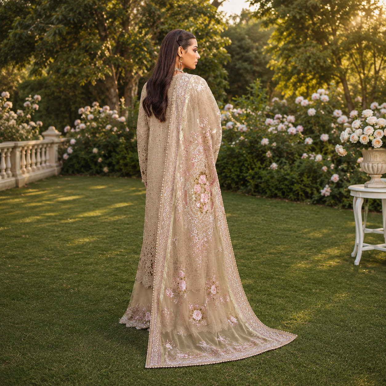 Unstiched Lawn 3pc suit with Embroided Organza Dupatta