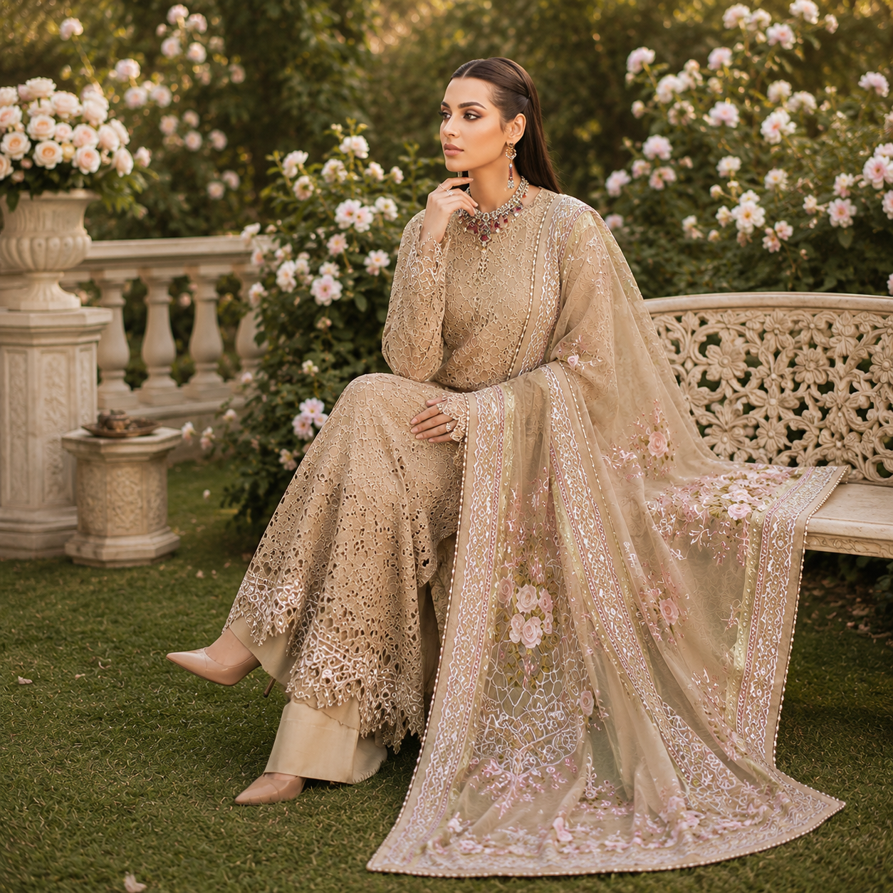 Unstiched Lawn 3pc suit with Embroided Organza Dupatta