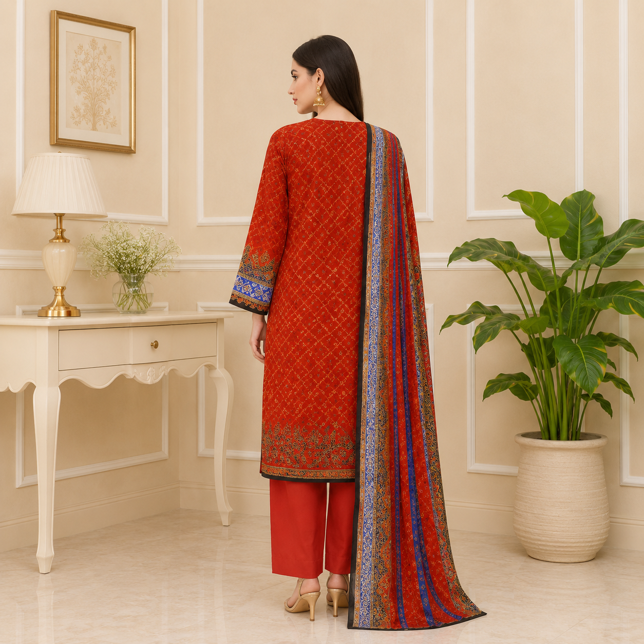 Unstiched Lawn 3pc suit with printed Chiffon Dupatta