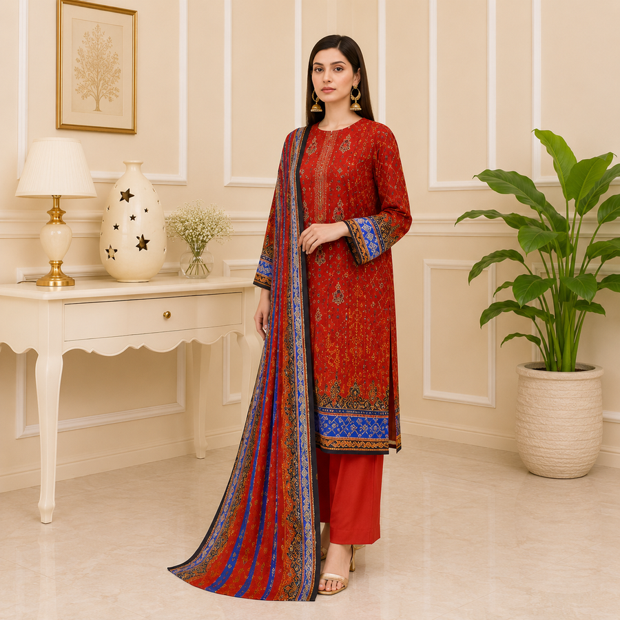 Unstiched Lawn 3pc suit with printed Chiffon Dupatta