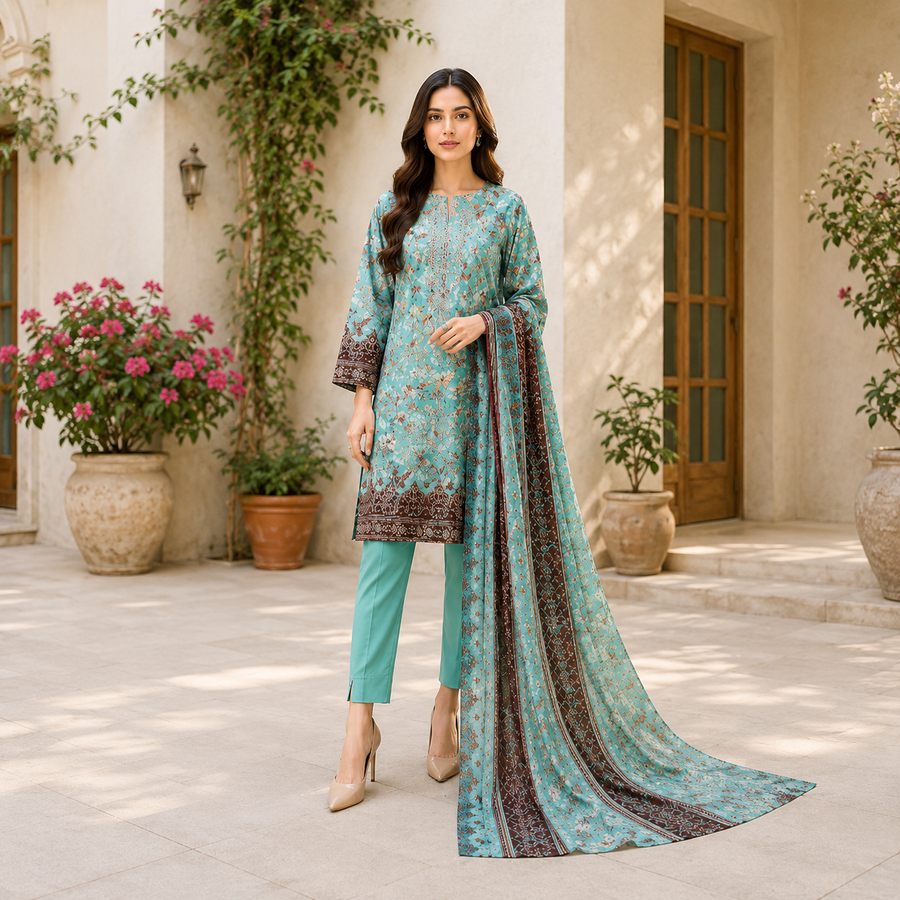 Bin Saeed Premium Unstiched Lawn 3 pc Suit with embroided shirt trouser and Embroided Lawn Dupatta