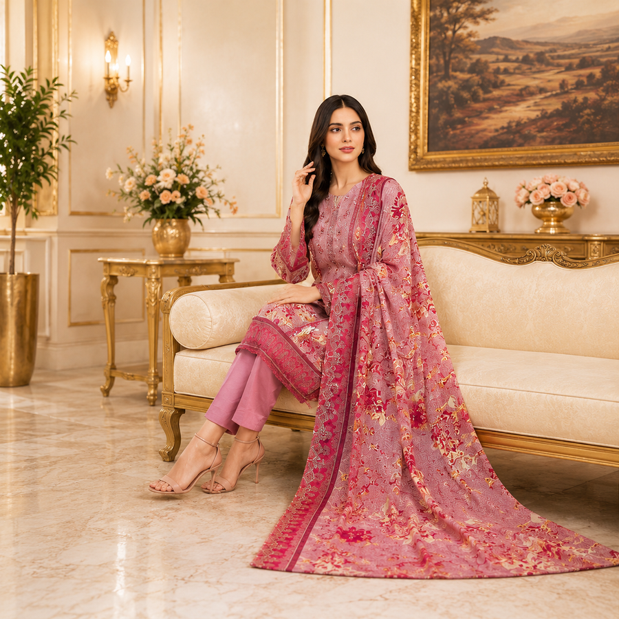 Bin Saeed Premium Unstiched Lawn  3 Piece suit with Embroided Lawn Dupatta