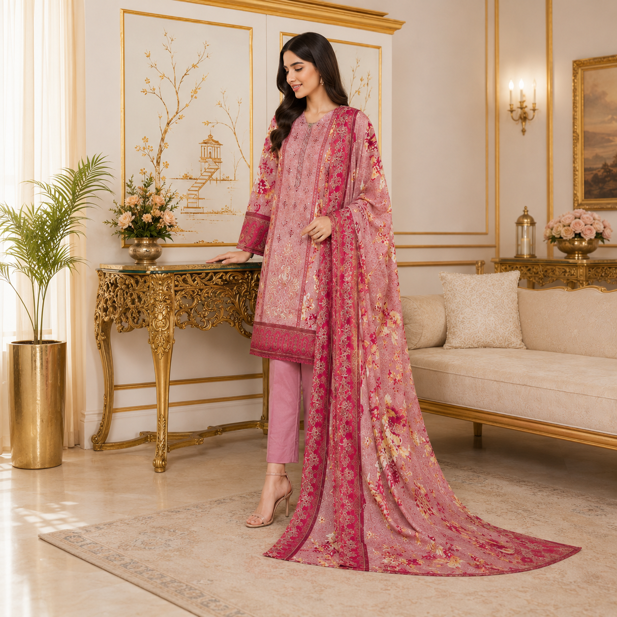Bin Saeed Premium Unstiched Lawn  3 Piece suit with Embroided Lawn Dupatta
